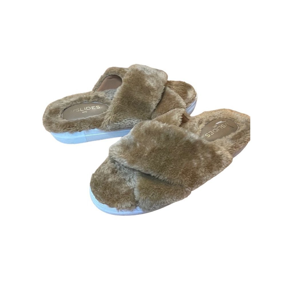 JSlides Brown Fuzzy Faux Fur Chunky Platform Sandal Shoes Sz 10